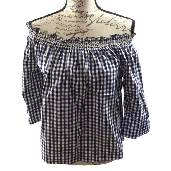 Madewell Smocked Gingham‎ White And Blue Off The Shoulder Top Size Small - Picture 5 of 9